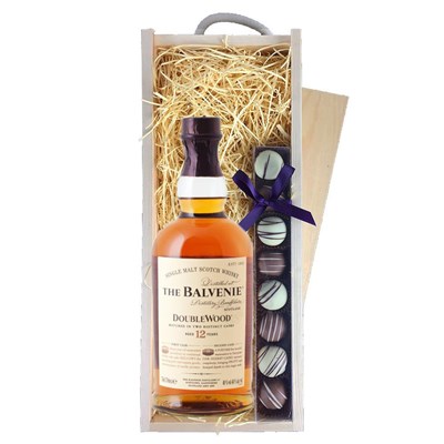 Balvenie 12 Year Old DoubleWood Whisky & Heart Truffles, Wooden Box